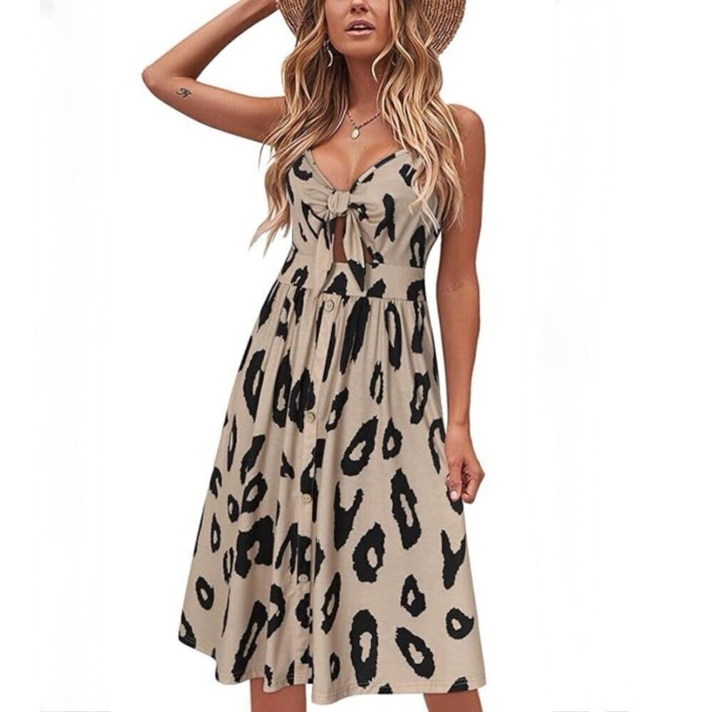 VOTEPRETTY Women’s Summer Sundress V Neck Tie Front Spaghetti Strap Button Down